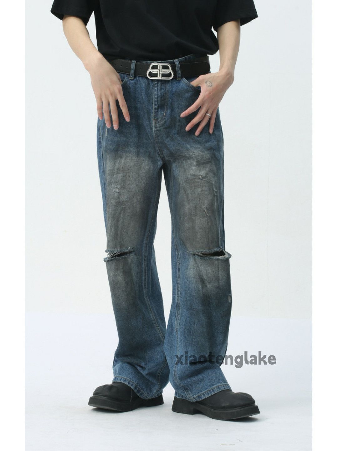 Jean × Vintage washed faded damaged ripped stain baggy jeans Size US 30 / EU 46 - 2 Thumbnail