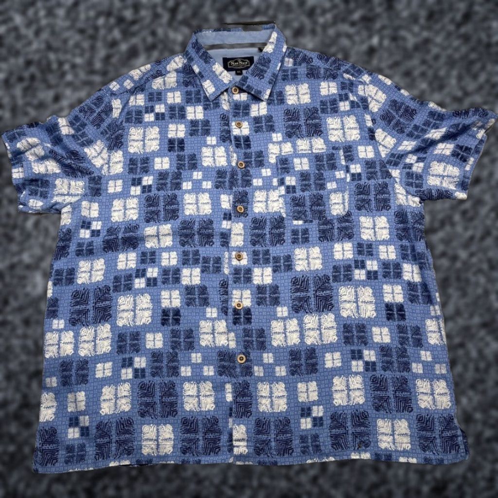 VINTAGE Nat Nast Luxury Originals Men's Shirt XL Blue Silk Geometric Resort Wear Casual