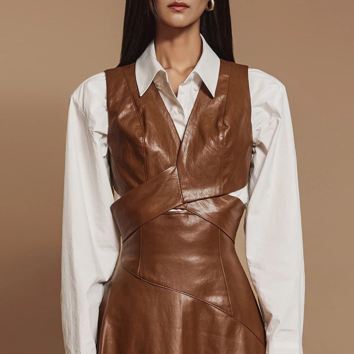Designer Dint Brown Leather Bustier Size S / US 4 / IT 40 - 1 Thumbnail