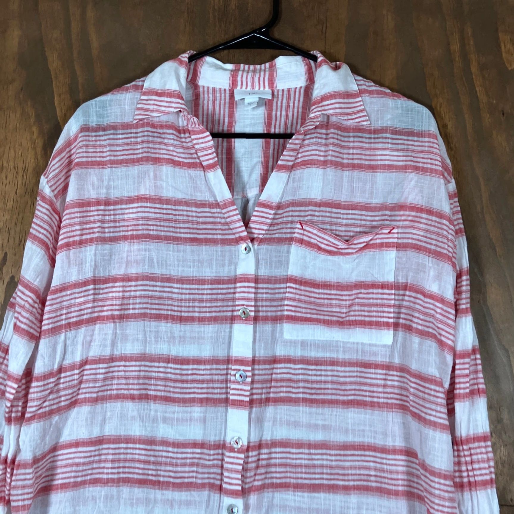 J. Jill J Jill Womens Shirt Striped Button-Up Collared Sheer Lightweight S Pink White Casual Workwear, Tunic, Regular Fit, Long Sleeve, Size S (Mens/Womens) Size S / US 4 / IT 40 - 2 Thumbnail