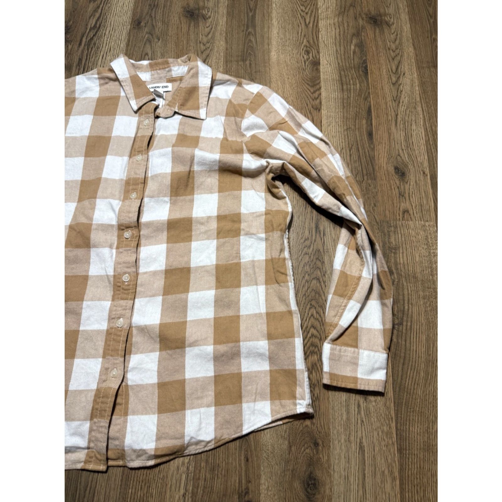 Lands' End Lands' End Shirt Women XL Brown White Check Long Sleeve Button-Up Shirt Size XL / US 12-14 / IT 48-50 - 3 Thumbnail