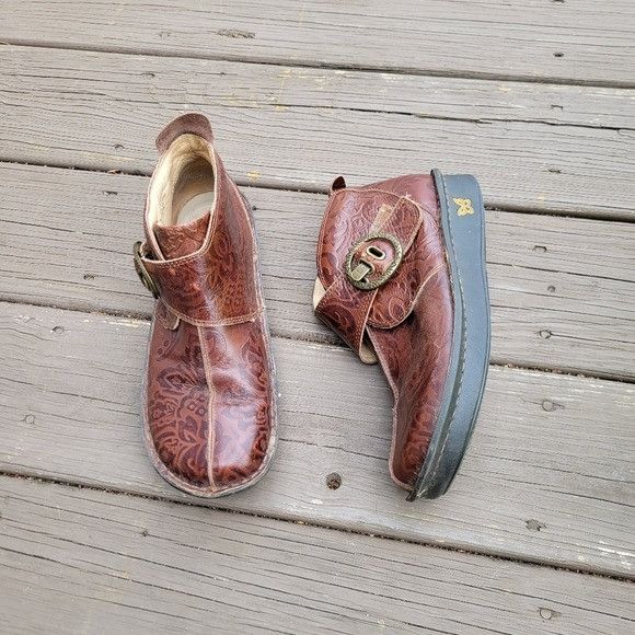 Designer Alegria Caiti Yeehaw Floral Tooled Brown Leather Buckle Ankl Size US 8.5 / IT 38.5 - 8 Thumbnail