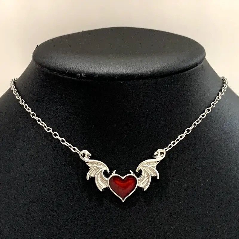 Jewelry Heart Enamel Peach Heart Devil's Wings Necklace Size ONE SIZE - 1 Preview