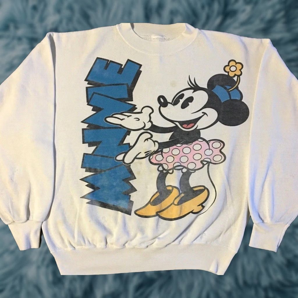 Disney VINTAGE 90s Disney Minnie Mouse Sweatshirt M Boxy Cartoon Grunge All Over Print White Men Size US M / EU 48-50 / 2 - 1 Thumbnail