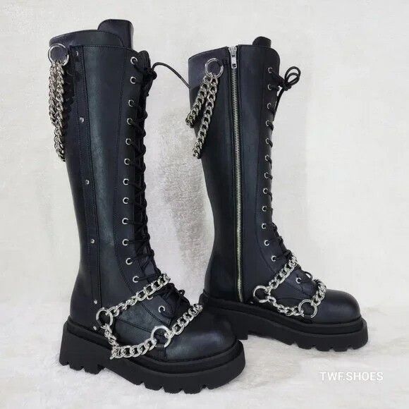 Demonia Cult DEMONIA Renegade Draped Chain Combat Knee High Boots Goth Pu Size US 6 / IT 36 - 2 Thumbnail