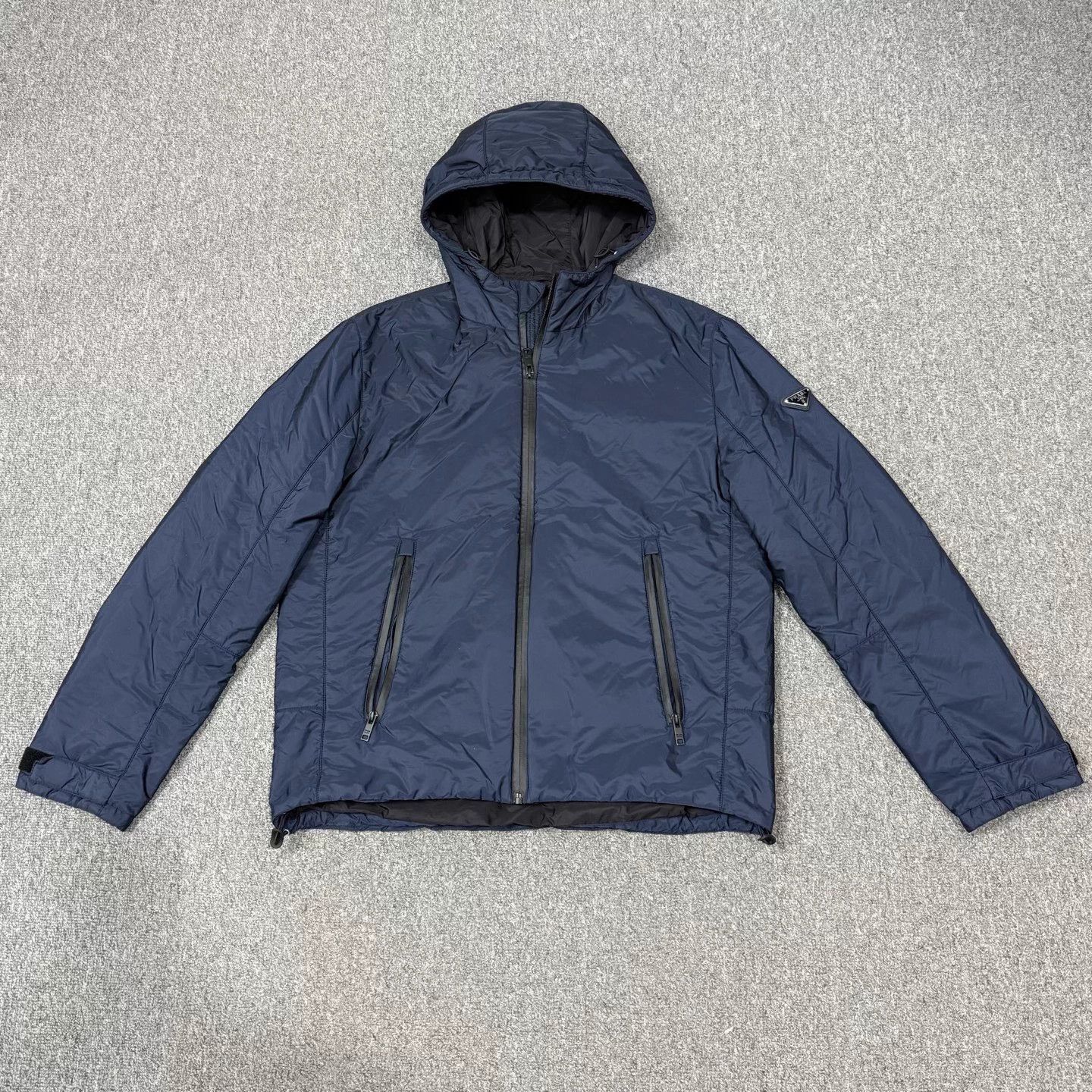 Prada navy blue triangle logo puffer jacket 52
