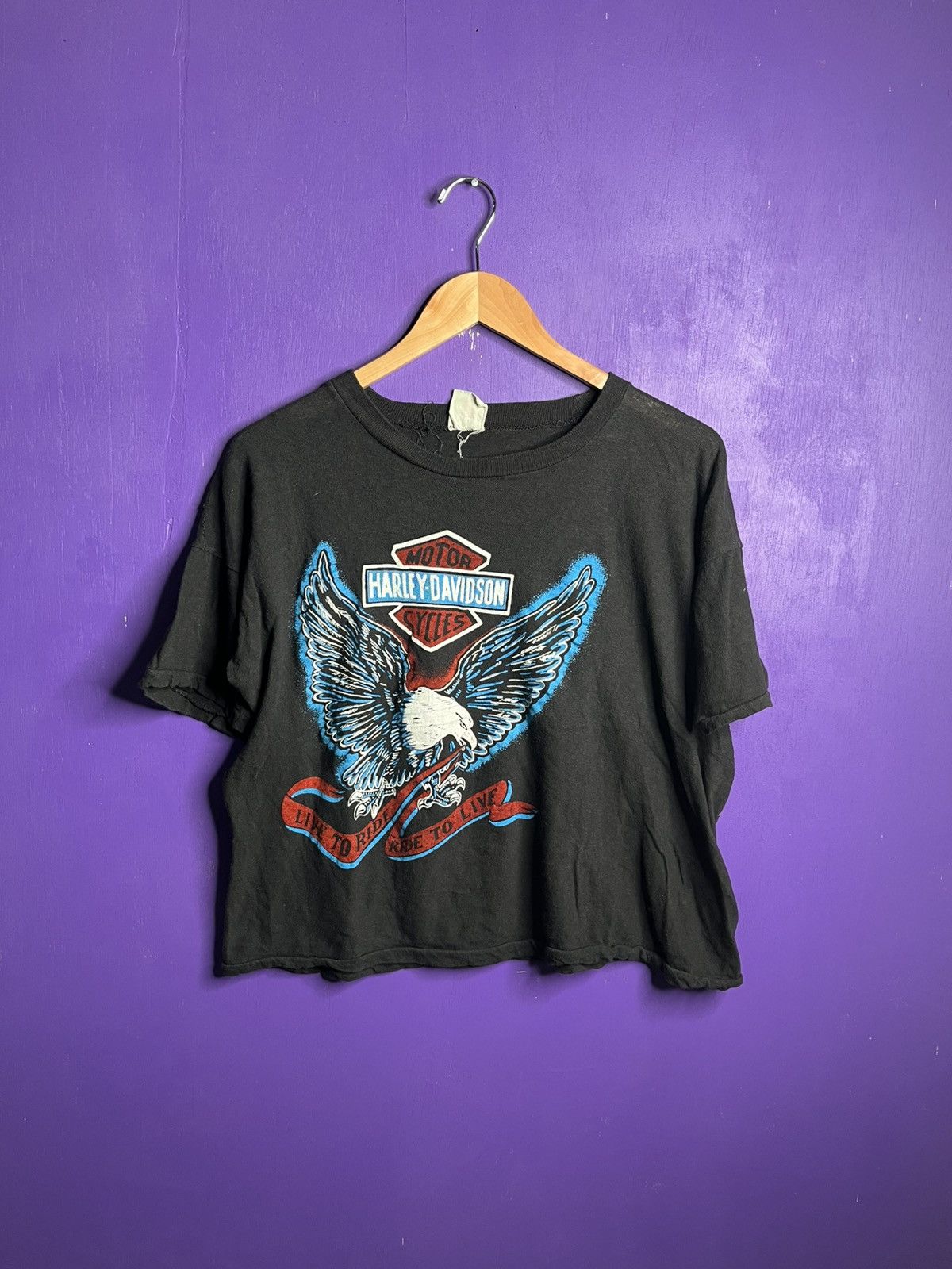 Harley Davidson × Vintage Vintage 70s Harley Davidson blue eagle boxy t-shirt Size US M / EU 48-50 / 2 - 1 Thumbnail