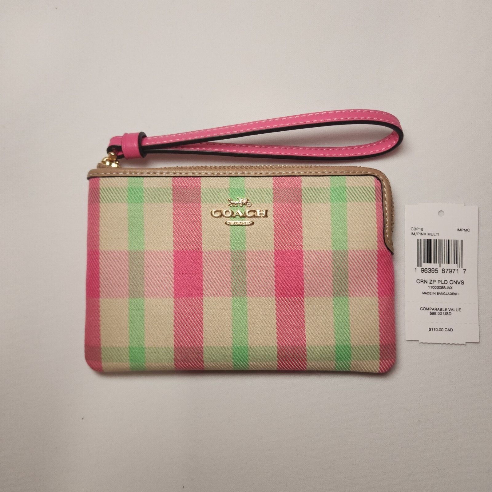 Coach NWT Coach CBP18 Corner Zip Wristlet Plaid IM/Pink Multi Gold Size ONE SIZE - 1 Thumbnail
