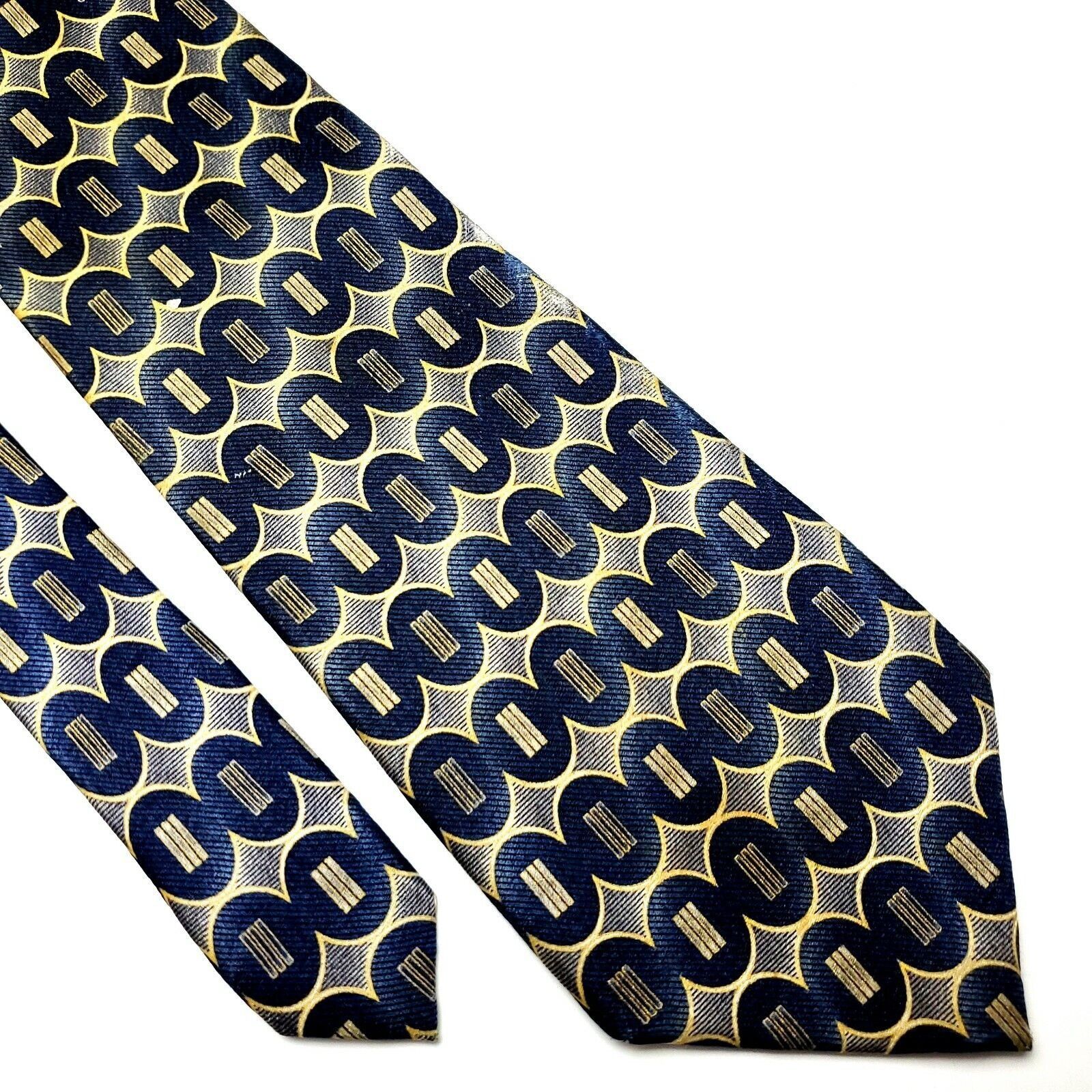 Pierre Cardin Pierre Cardin Silk Tie Print Blue Tan Geometric Wide Size ONE SIZE - 1 Thumbnail