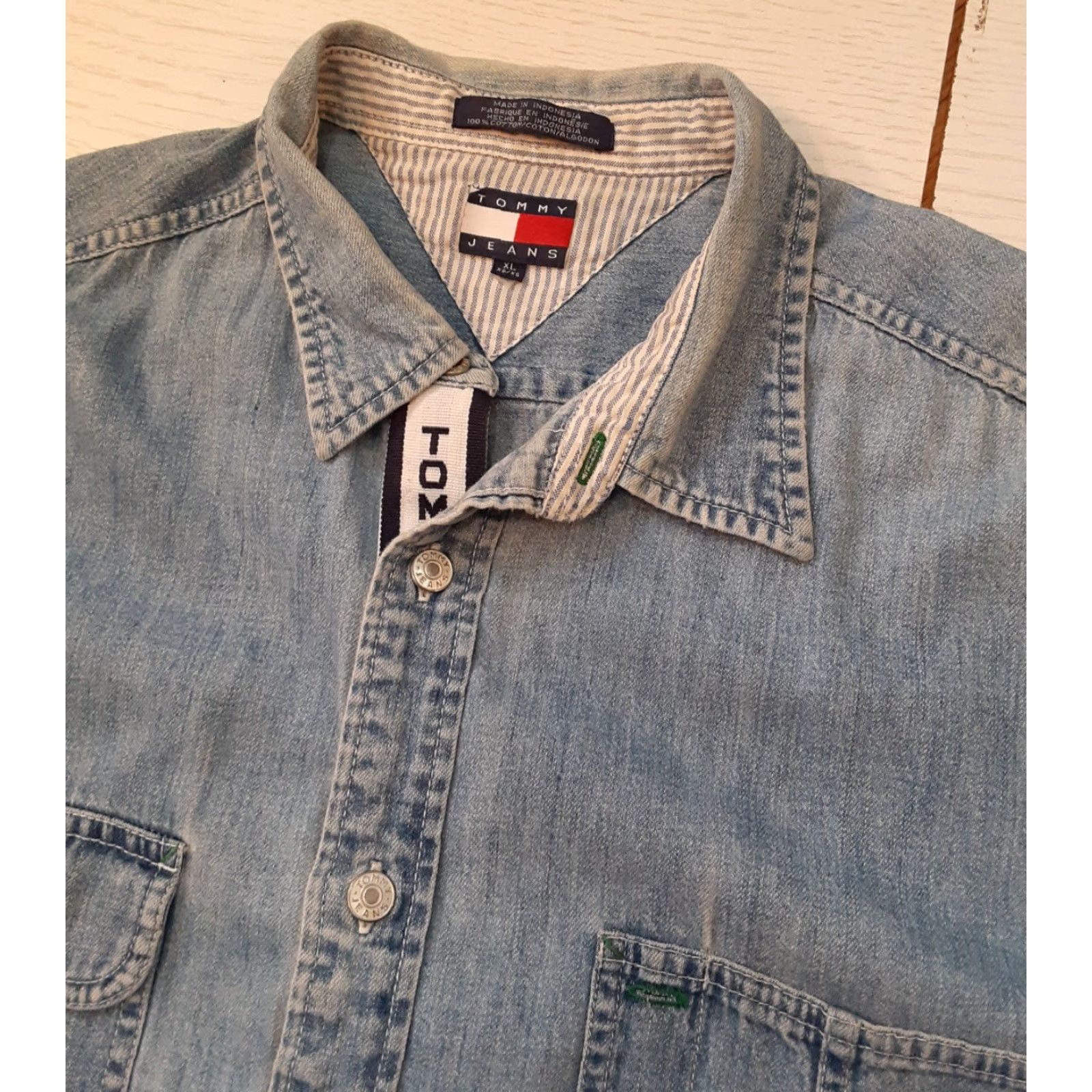 Tommy Hilfiger Tommy Hilfiger Full Metal Button X-Large Blue Jean Shirt with Tommy Strip - Button-Up, Long Sleeve, Cotton Canvas, Metal Buttons, Regular Fit, Men Size US XL / EU 56 / 4 - 3 Thumbnail