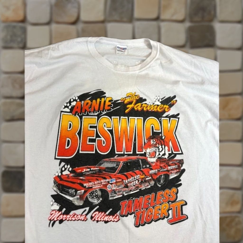 Jerzees Vintage 90s Arnie Beswick Tameless Tiger The Farmer Drag Racing Shirt Men's 2XL White Motorsports Streetwear Size US XXL / EU 58 / 5 - 1 Thumbnail