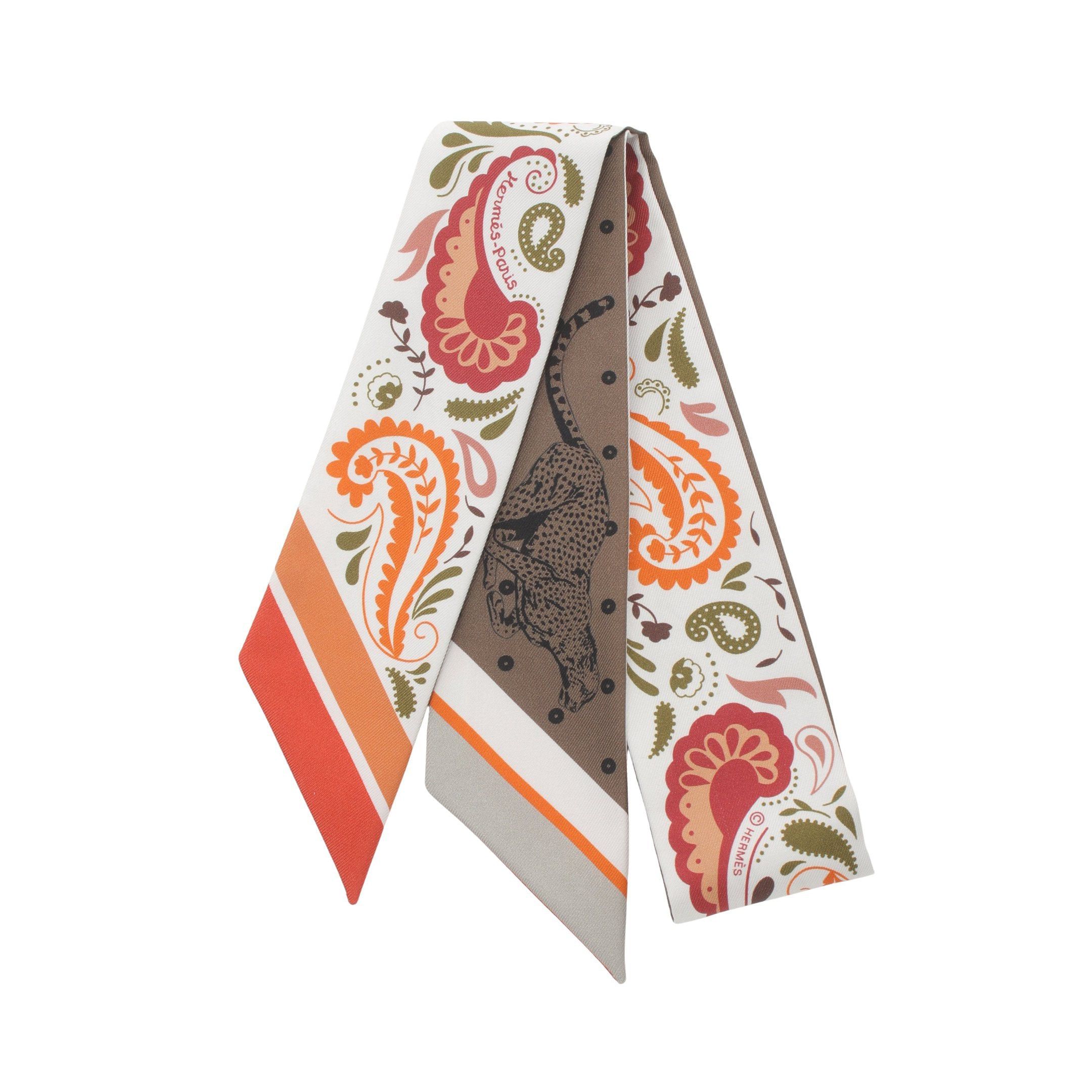 Hermes Hermes Twilly Guepards Bandana Ribbon Scarf Silk White Multicolor Size ONE SIZE - 1 Thumbnail