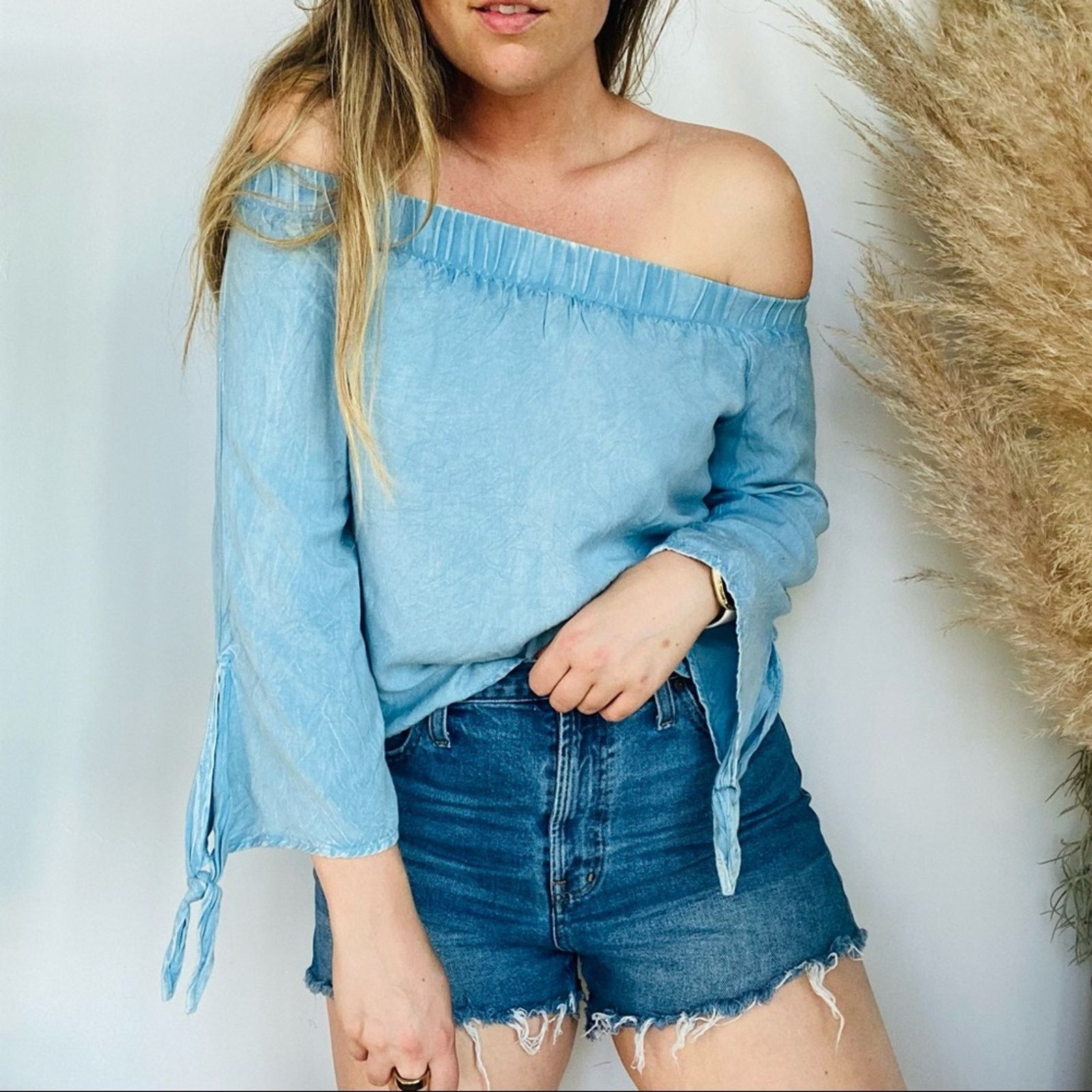 STYLE ENVY Blue Chambray Denim Tie Tulip Blouse Top Shirt