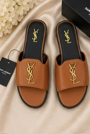 Yves Saint Laurent Brown Gold Accent Slide Sandals for Women Size US 8.5 / IT 38.5 - 2 Thumbnail