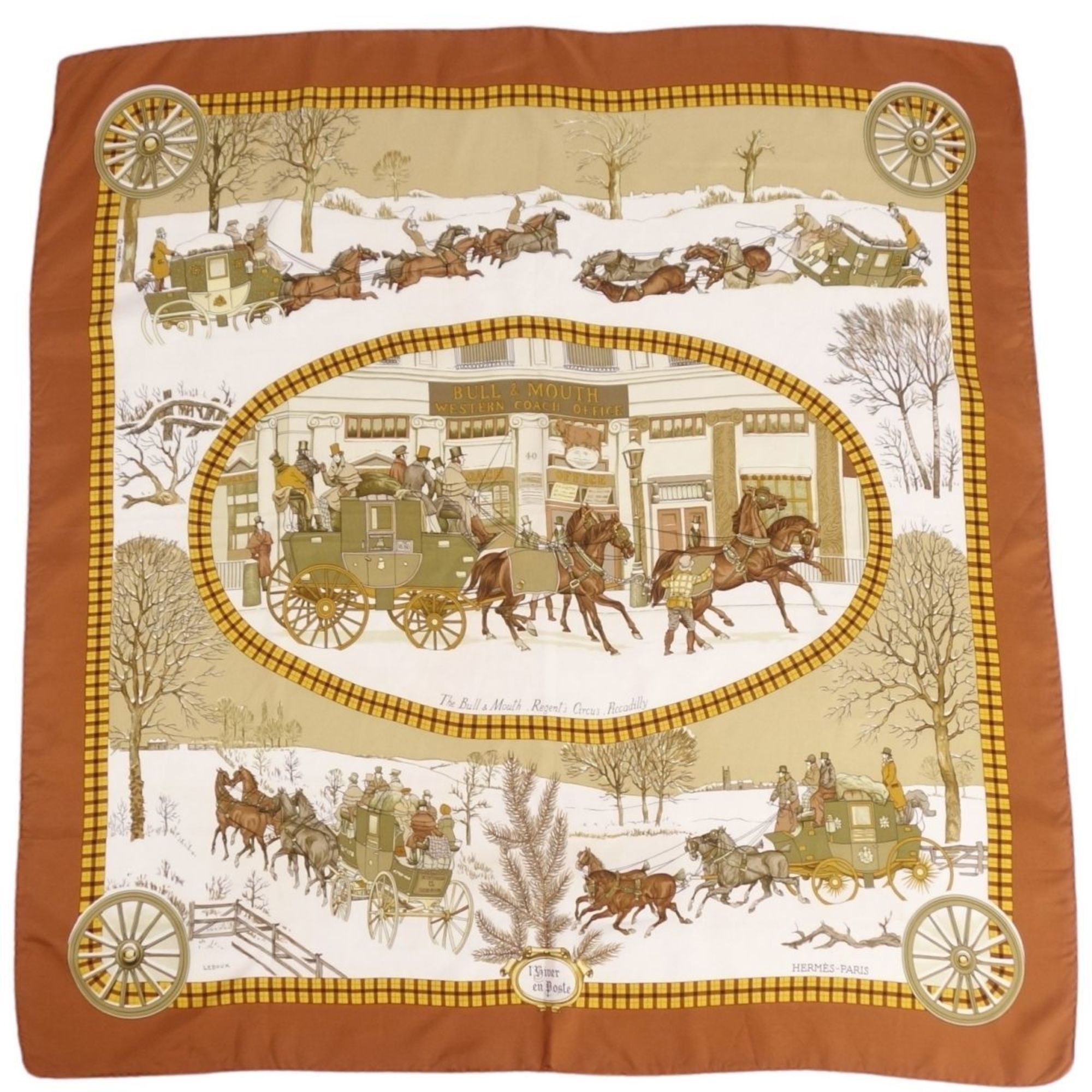 image of Hermes Scarf Muffler Carre90 Lhiver En Poste Mail Coach 100% Silk Ladies Multi Color in Black, Wome