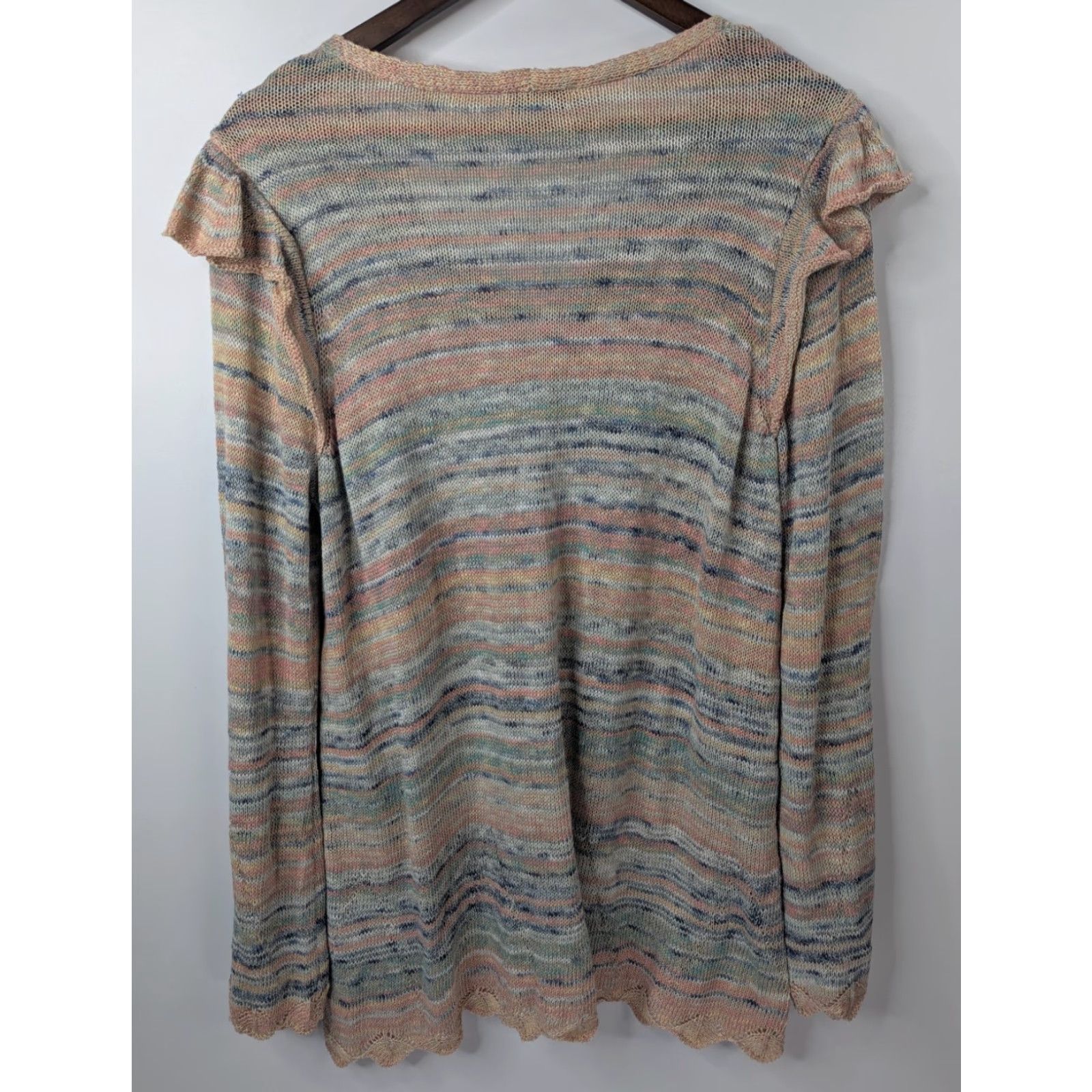 Vintage VINTAGE Democracy V-Neck Cardigan Sweater Heathered Stripe Print Ruffle Shoulders Sz XL Size XL / US 12-14 / IT 48-50 - 3 Thumbnail