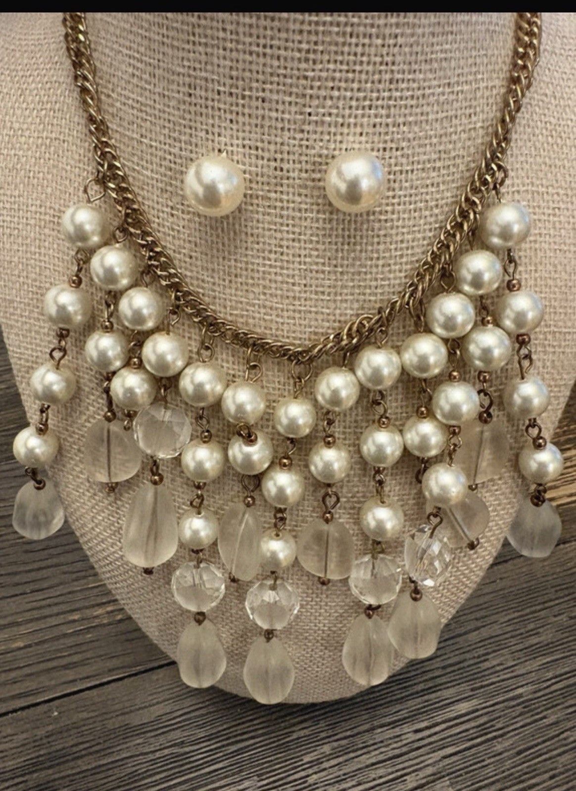 Signed Faux Pearl Bun Style Necklace & Earrings Set in Beige, Women's