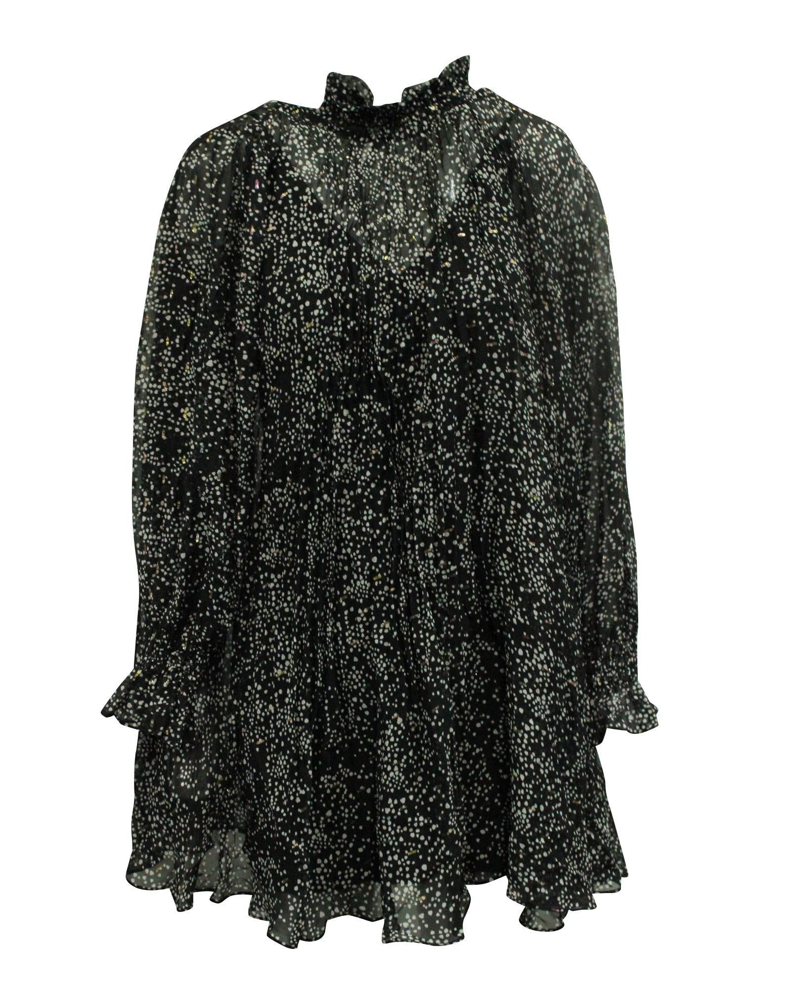 image of Maje Dotted Ruffled Tiered Black Silk Dress With Flared Hem, Women's (Size Small)