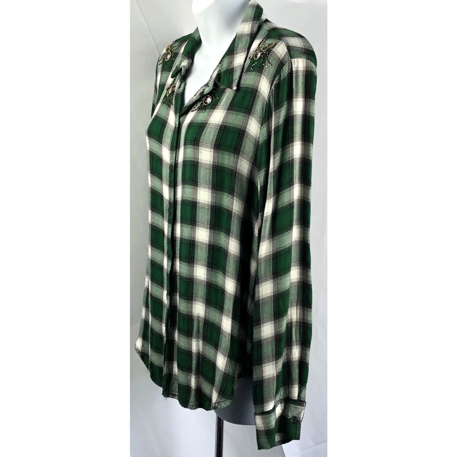 H&M VINTAGE H&M Flannel Shirt 12 Green Plaid Bead Spider Grunge Gothic Hippie Boyfriend Button-Up Women Size XL / US 12-14 / IT 48-50 - 2 Thumbnail