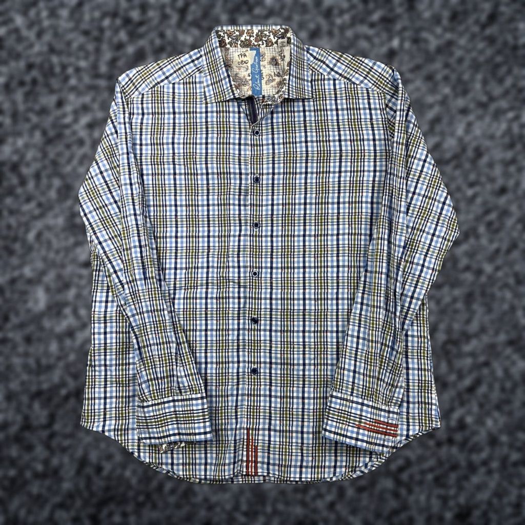 Robert Graham Robert Graham Shirt Mens Large Blue Plaid Classic Fit Long Sleeve Paisley Trim Size US L / EU 52-54 / 3 - 1 Thumbnail