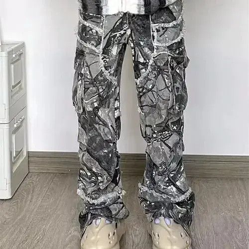 Designer Y2K Streetwear Baggy Stacked Flared Camoufludge Jean Size US 31 - 4 Thumbnail