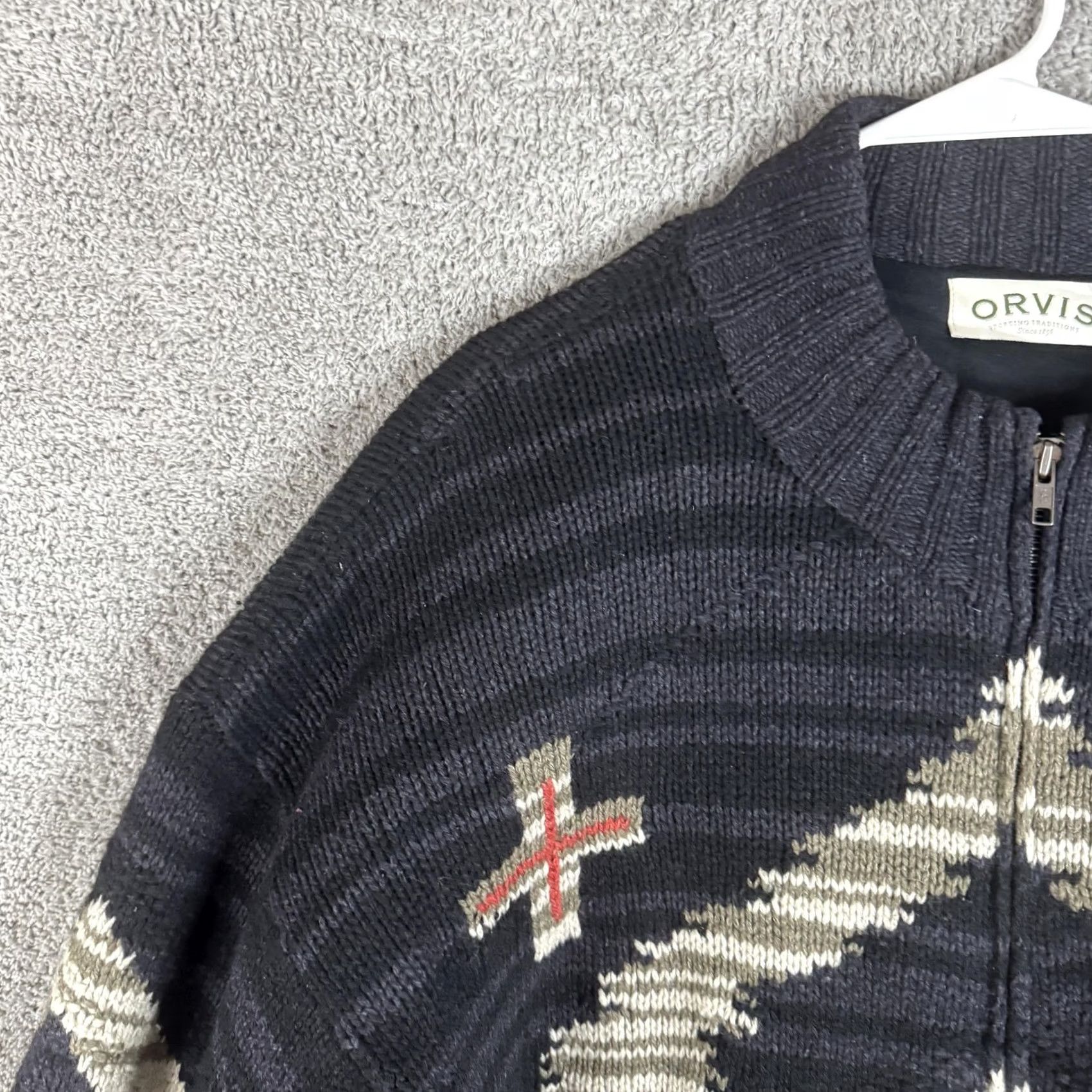 Orvis Orvis Mens 2XL Gray Full Zip Mock Neck Wool Silk Cotton Polyester Knit Lined Geometric Tribal Western Sweater Jacket Size US XXL / EU 58 / 5 - 5 Thumbnail