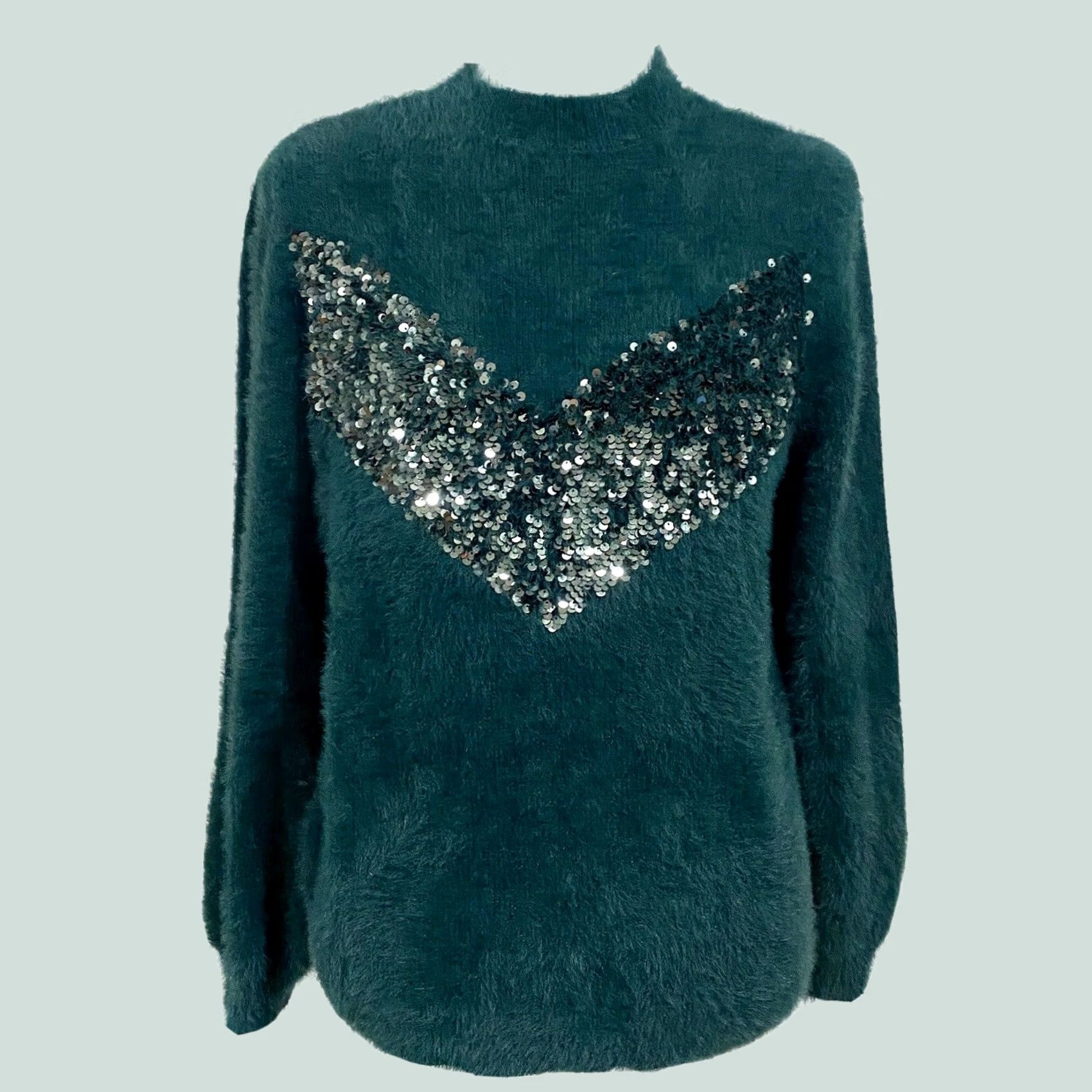Nine West Cara Santana Nine West Emerald Green Sequin Sweater Fuzzy Soft Women’s Sz M - Pullover Long Sleeve Balloon Sleeve Size M / US 6-8 / IT 42-44 - 1 Thumbnail