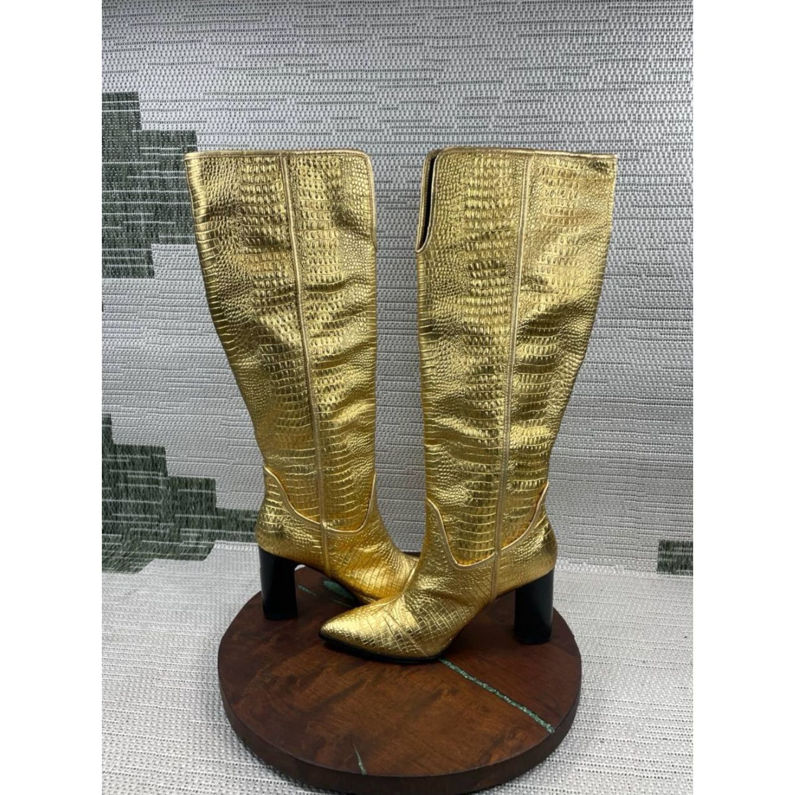 Vintage Cecelia New York Reckon Boots Womens Size 8 B Gold Leather Croc Embossed Mid-Calf Riding Block Heel Leather Lining Casual Outdoor Vintage: No Size US 8 / IT 38 - 7 Thumbnail