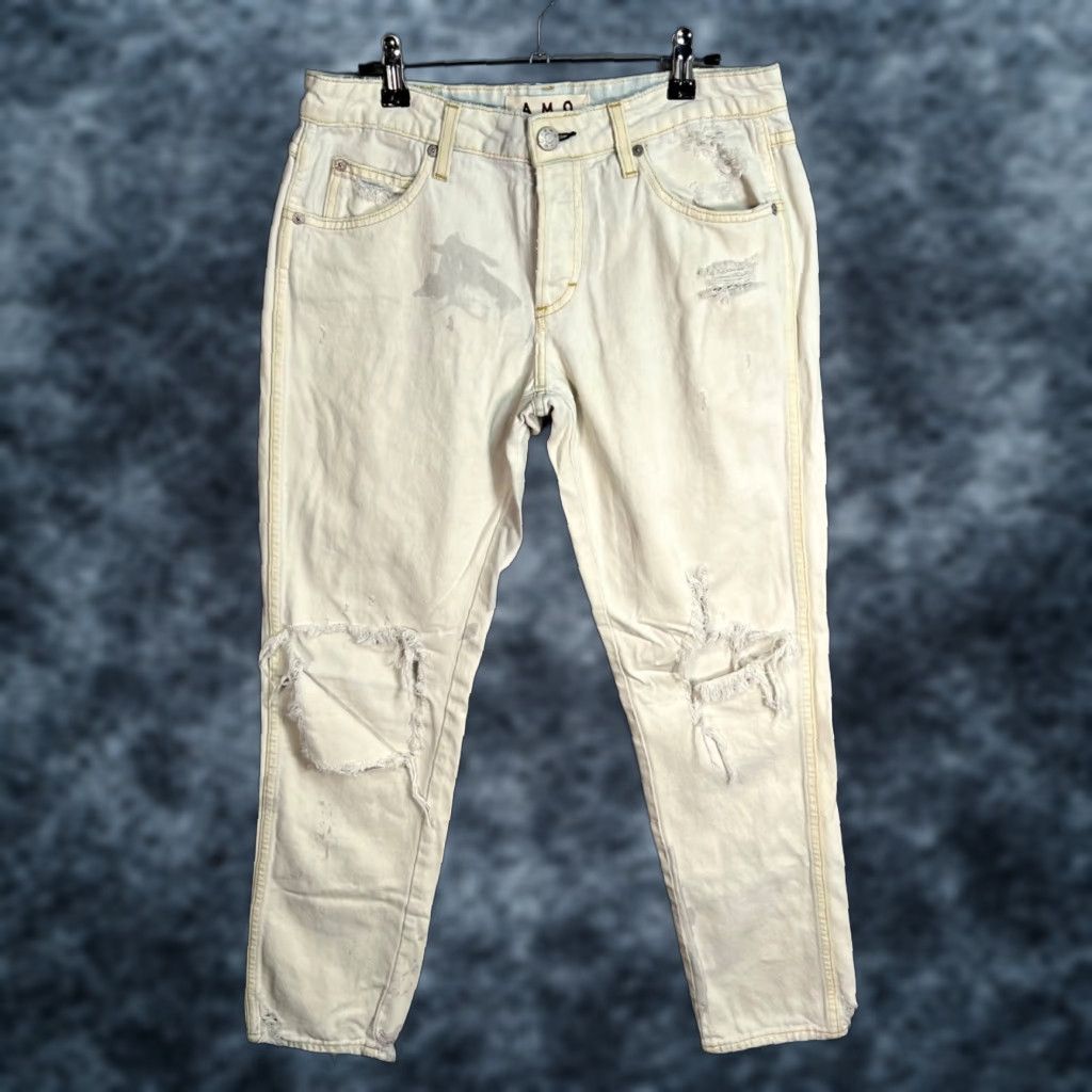 AMO VINTAGE Amo Jeans Women White Distressed Straight-Leg Moon Destroy 26 Denim Cotton Blend Mid Rise 28.5 In Inseam 30 Waist Mens Womens Girls Size 26" / US 2 / IT 38 - 1 Thumbnail