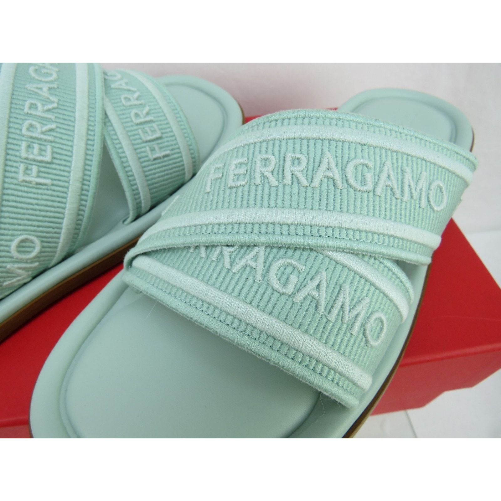 Salvatore Ferragamo FERRAGAMO LAURENE LIGHT GREEN LOGO FLATS SANDALS SLIDES 9 C Size US 9 / IT 39 - 5 Thumbnail