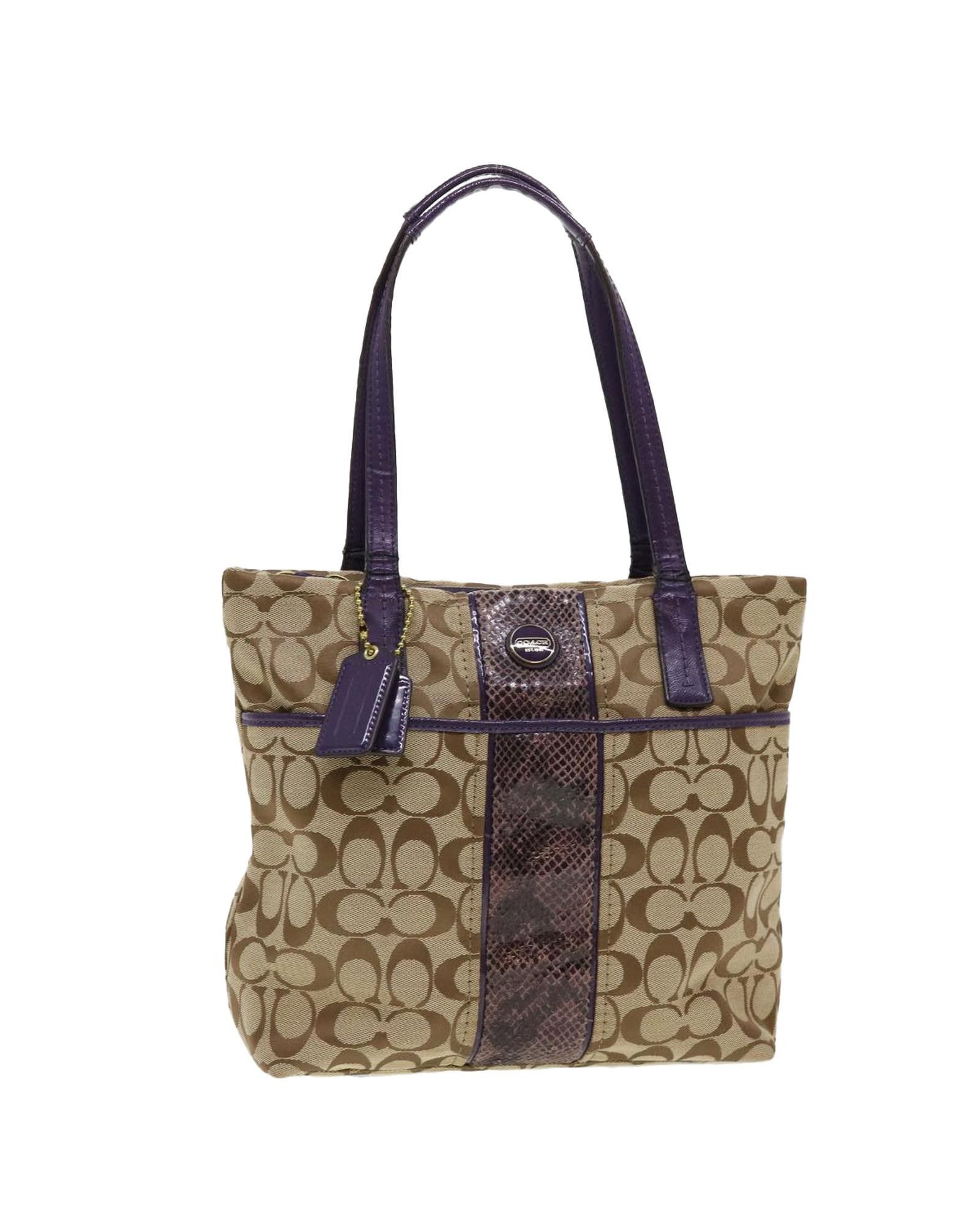 image of Coach Signature Shoulder Bag Canvas Beige Purple Brown, Women's