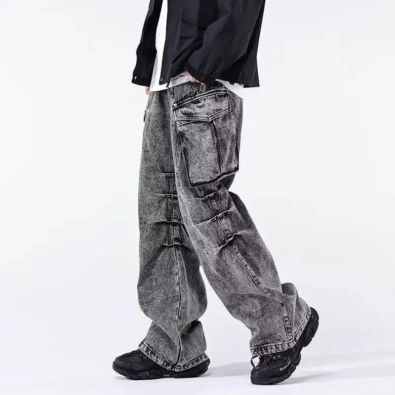 Retro distressed layered straight jeans overalls