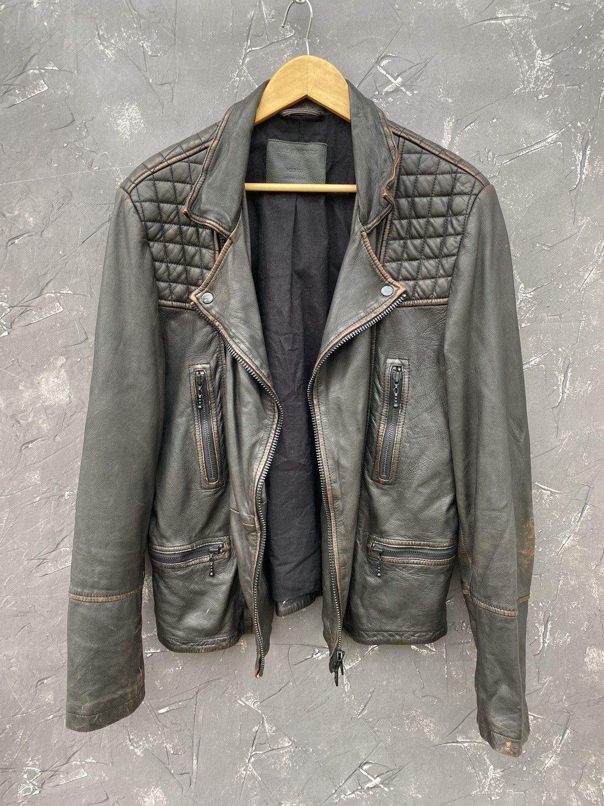 image of Allsaints Leather Biker Jacket in Brown, Men's (Size Medium)