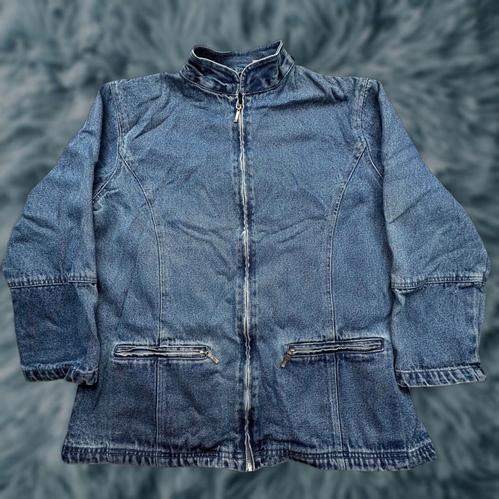Denime VINTAGE North Style Denim Jean Zip Coat Jacket Womens Medium Flannel Lined Jacket, Blue, 90s, Casual, Workwear, Fall Winter, M, Womens Size 32" / US 10 / IT 46 - 1 Thumbnail