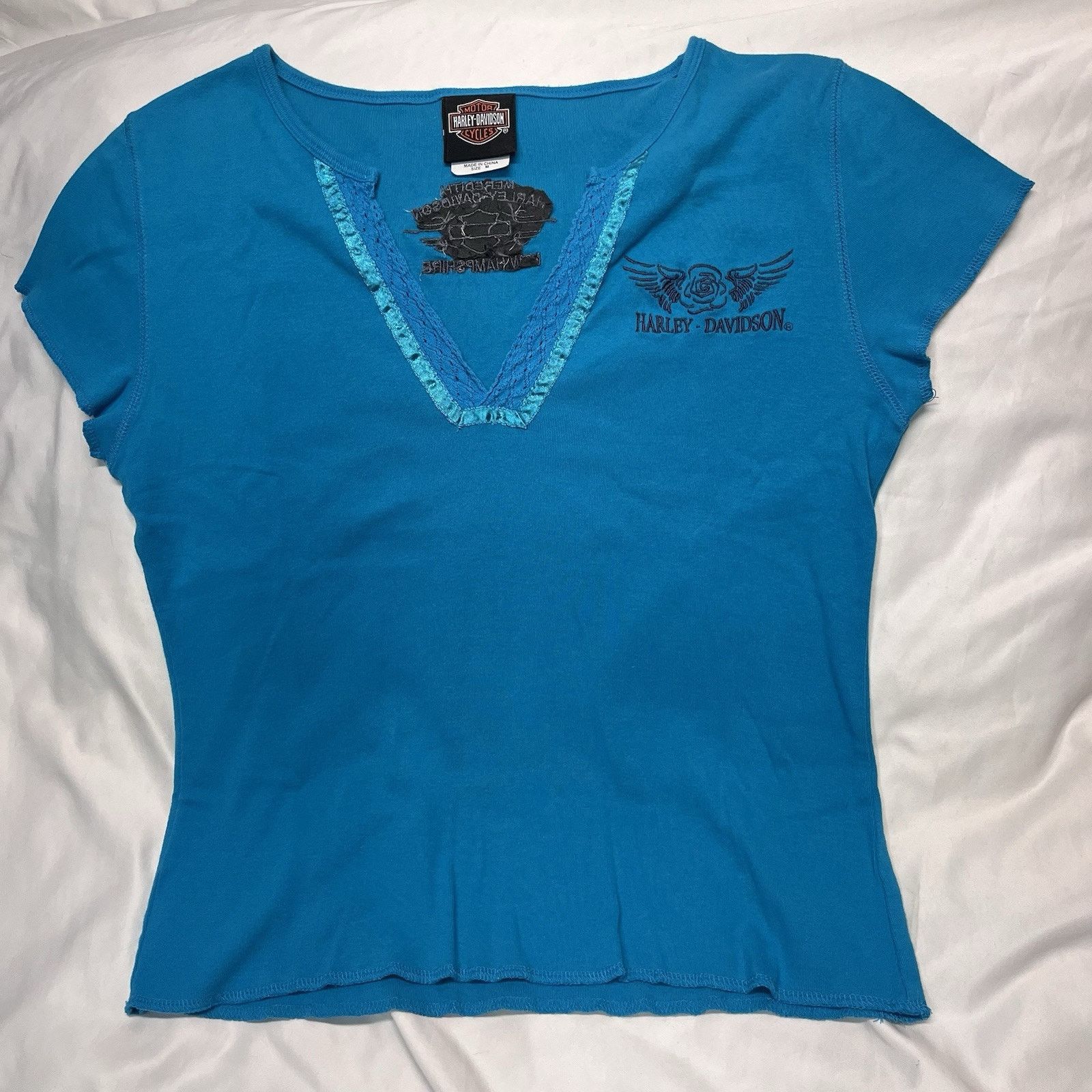 Harley Davidson Vintage Blue Lace Trim Neck Tshirt New Hampshire Size US M / EU 48-50 / 2 - 1 Thumbnail