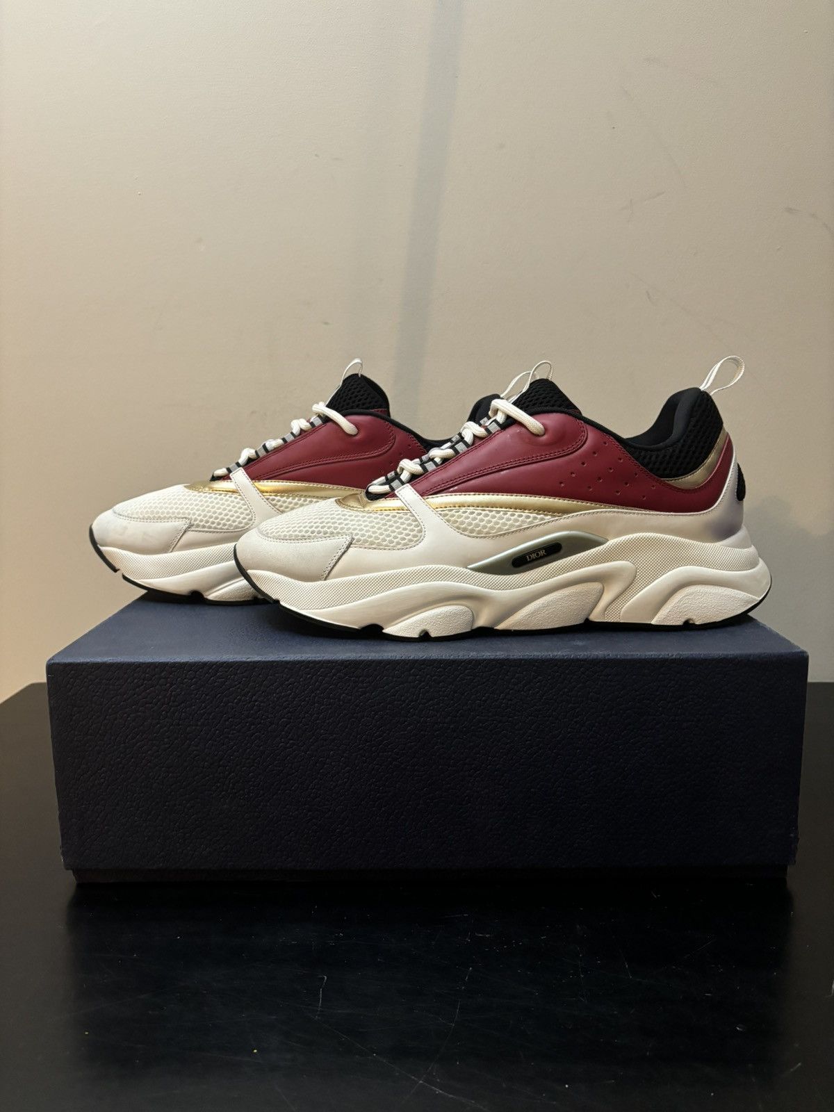 Dior B22 Gold Burgundy Leather Sneakers