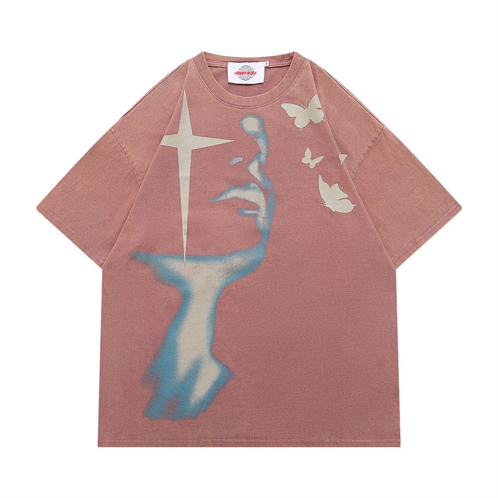 image of Tee Face Graphic Pink Short Sleeve T Shirt, Men's (Size Medium)