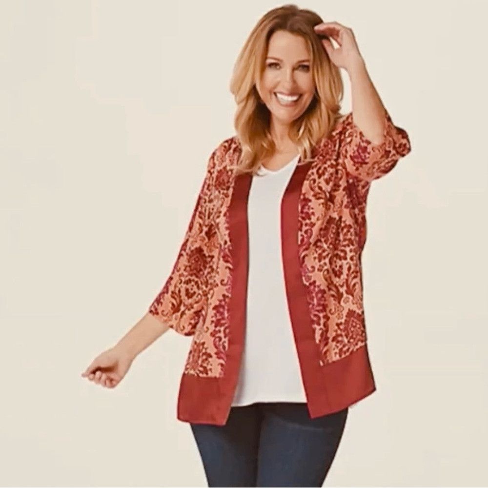 Other New Susan Graver Red Printed Woven Open-Front Cardigan Size Size S / US 4 / IT 40 - 1 Thumbnail