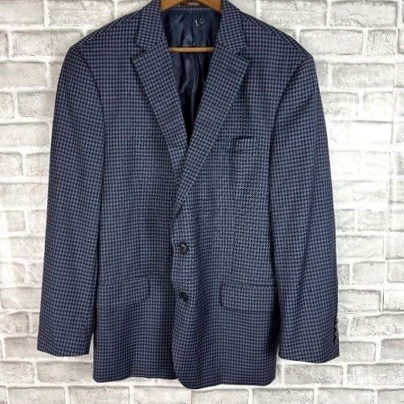 Peter Millar Peter Millar Blazer Jacket Men's 44 Regular Navy Cobalt Gingham Check 2-Button Notch Lapel Wool Long Size 44R - 2 Thumbnail