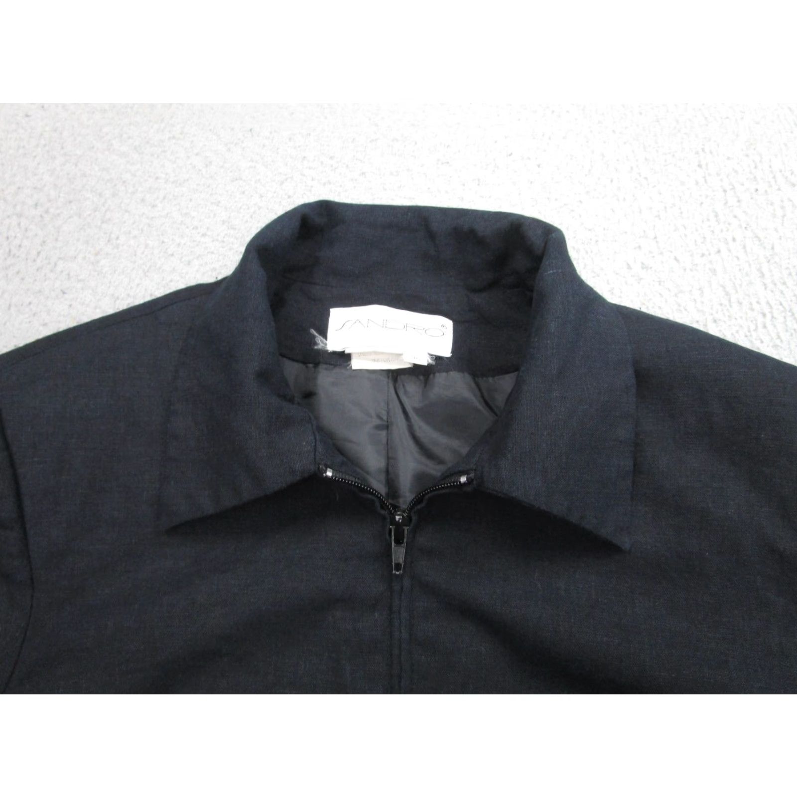 Sandro Sandro Jacket Womens 10 Black Linen Cotton Zip Front Collared Lined Zip Front Jacket Womens 10 Black Linen Blend Wide Collar/Classic Fit) Size L / US 10 / IT 46 - 7 Thumbnail