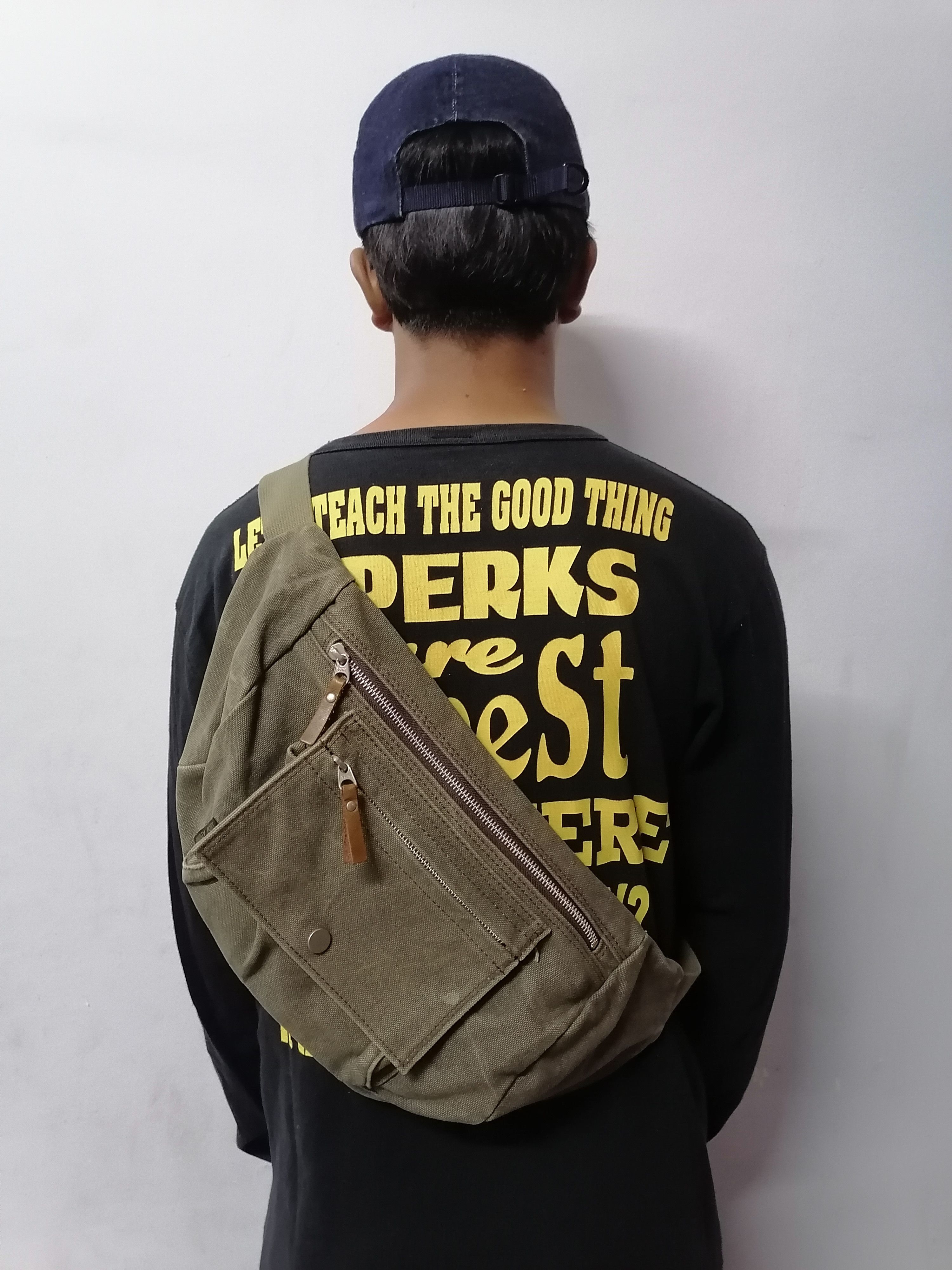 Vintage Baggy Port Japan Canvas Olive Green Crossbody Bag, Men's