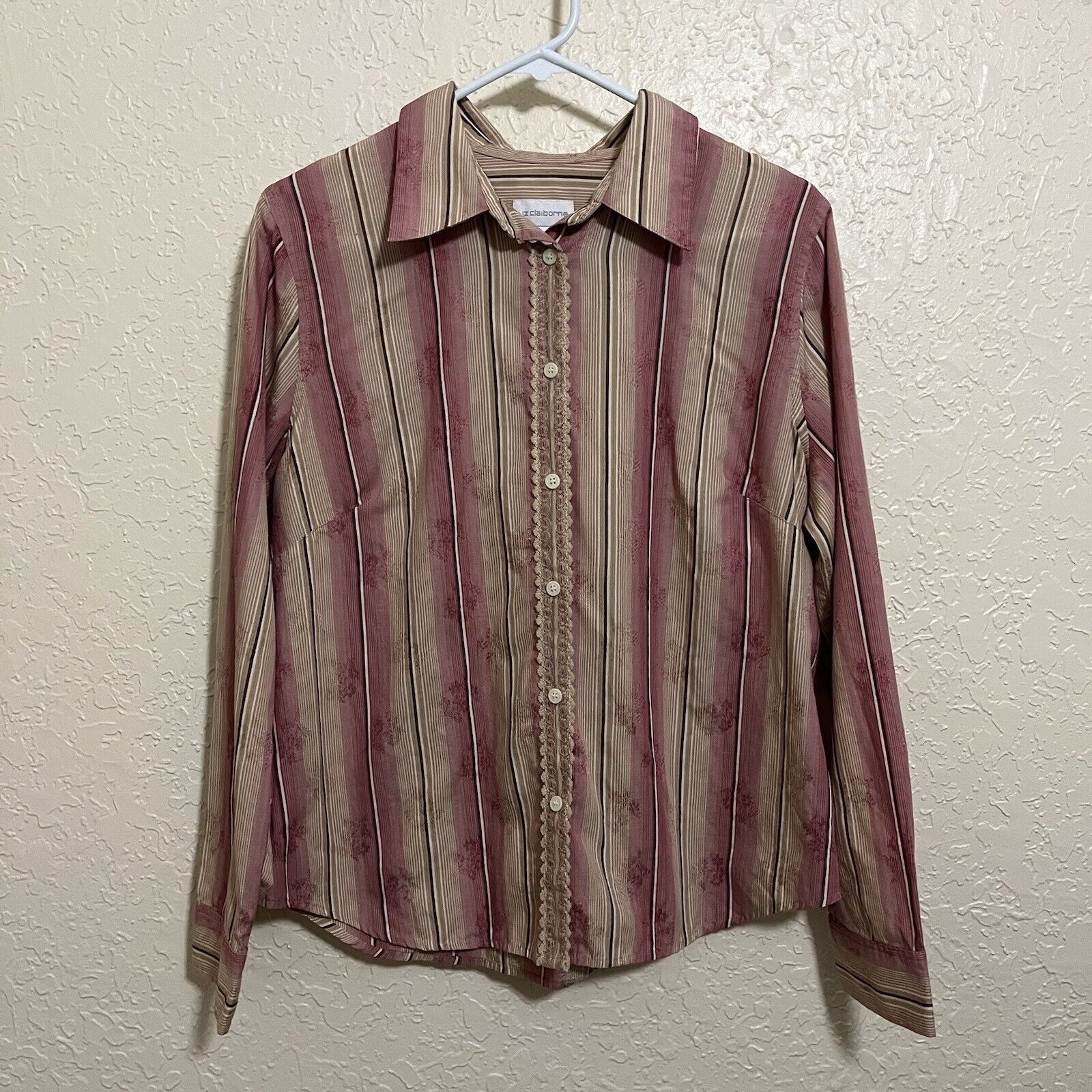 Vintage Liz Claiborne | Vintage Y2K Striped Floral Lace Button Top Size L / US 10 / IT 46 - 2 Thumbnail