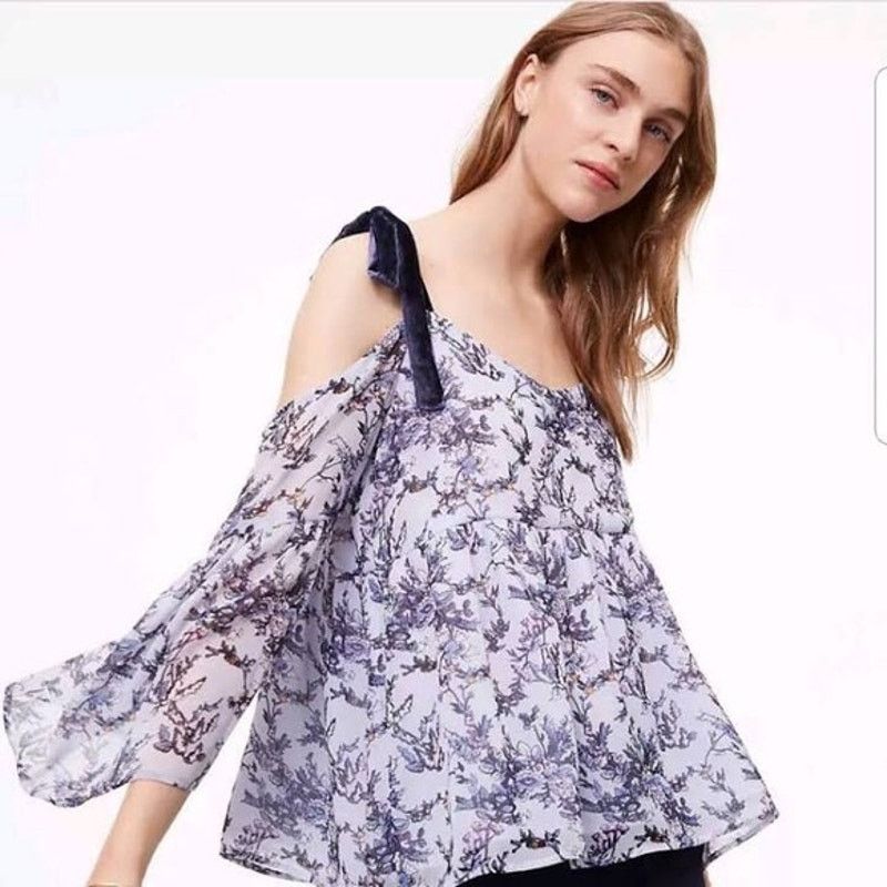 Loft Ann Taylor LOFT Blue Floral Cold Shoulder Tie Blouse Small Size S / US 4 / IT 40 - 1 Thumbnail
