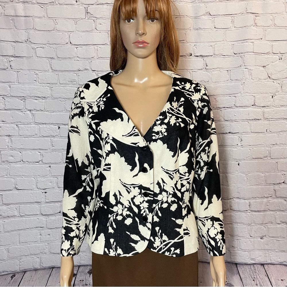 Other New Teri Jon By Rickie Freeman Wool Black White Floral Jack Size L / US 10 / IT 46 - 1 Thumbnail