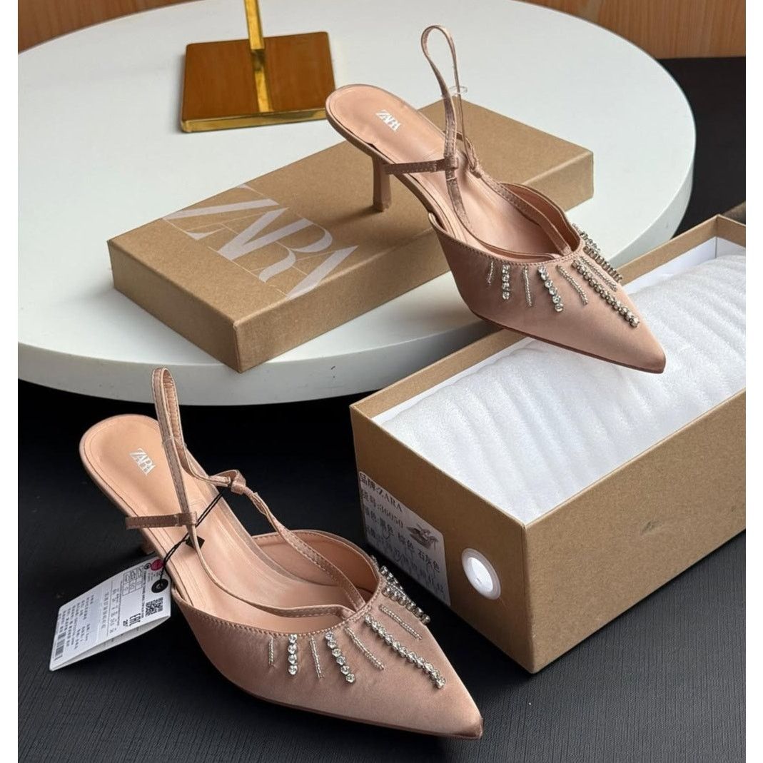 Zara ZARA Beige Rhinestone Slingback Heels NWT Size US 7.5 / IT 37.5 - 9 Thumbnail