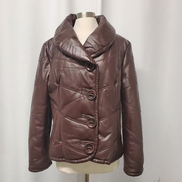 Vintage 90s y2k Designer Brown Leather Puffer Coat XL