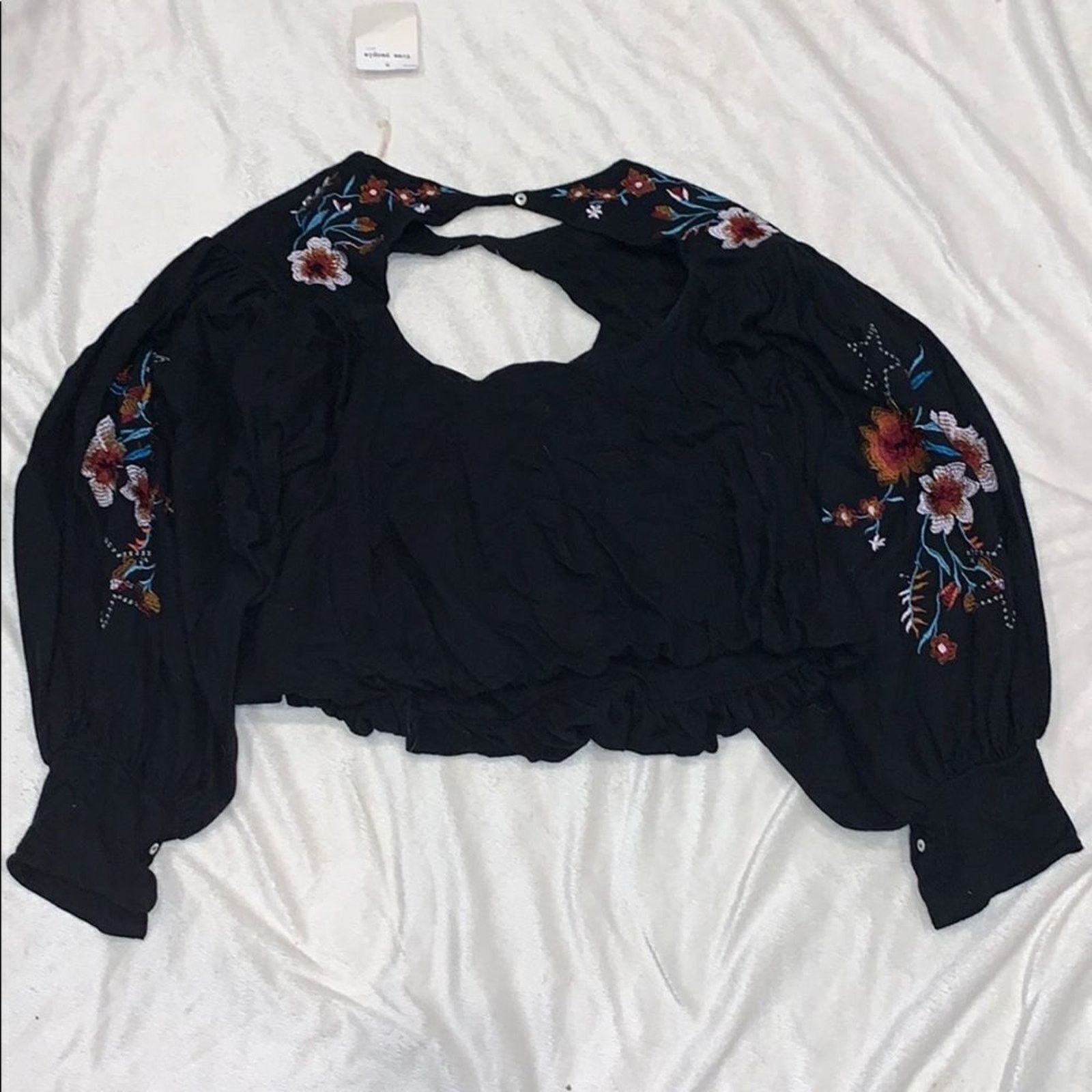 Free People FP Black Floral Embroidered Off-Sleeve Blouse | Sz XS, NWT Size XS / US 0-2 / IT 36-38 - 7 Thumbnail