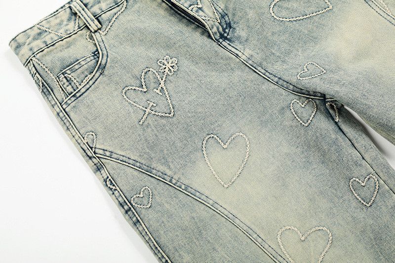Vintage Street-style wide-leg heart-embroidered jeans Size US 32 / EU 48 - 3 Thumbnail