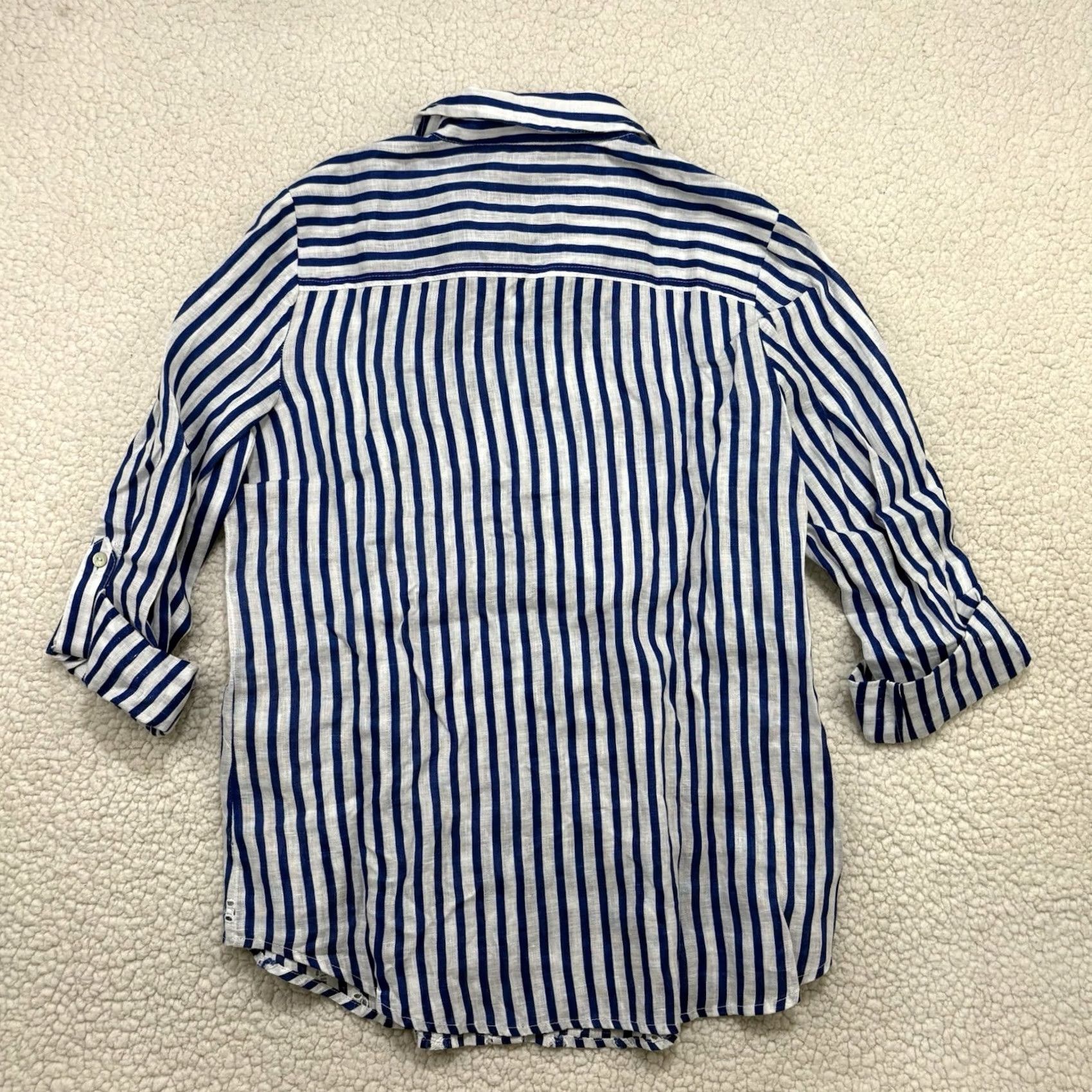 Vintage Chico's Button-Up Linen Blue & White Stripe Eyelet Embroidered Top, Size S, 3/4 Sleeve, Collared, Lightweight, Breathable, Regular Fit, Women Size S / US 4 / IT 40 - 4 Thumbnail