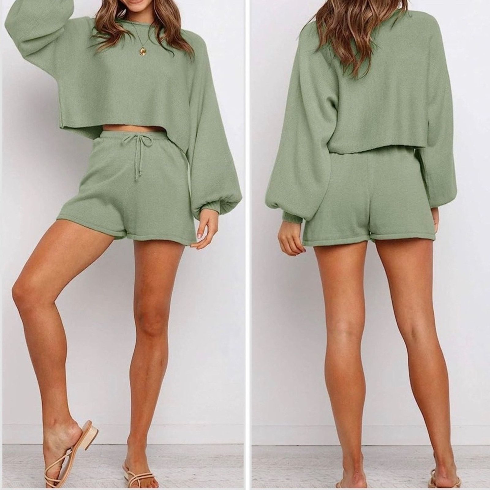 Nordstrom NEW ZESICA Sage Green Crop Bubble Sweater Tie Shorts Set Size M / US 6-8 / IT 42-44 - 12 Thumbnail